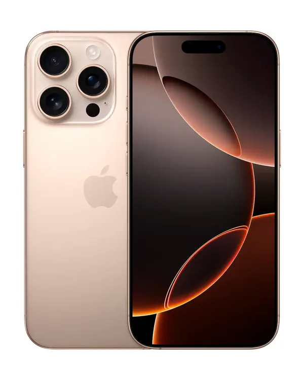 iPhone 16 Pro en titanio desierto, vista frontal y trasera