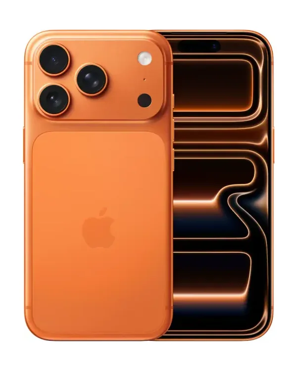 iPhone 17 Pro en naranja cósmico, vista trasera y frontal
